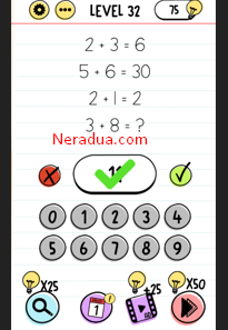 kunci jawaban brain test level 32 2+3=6 5+6=30 2+1=2 3+8=?